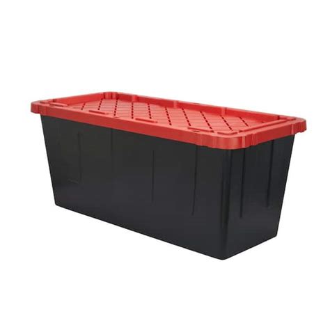Hdx 55 Gal Tough Storage Tote In Black With Red Lid 206227 The Home