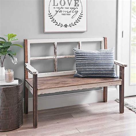 Distressed Wooden Windowpane Bench Rustic Farmhouse Entryway Home