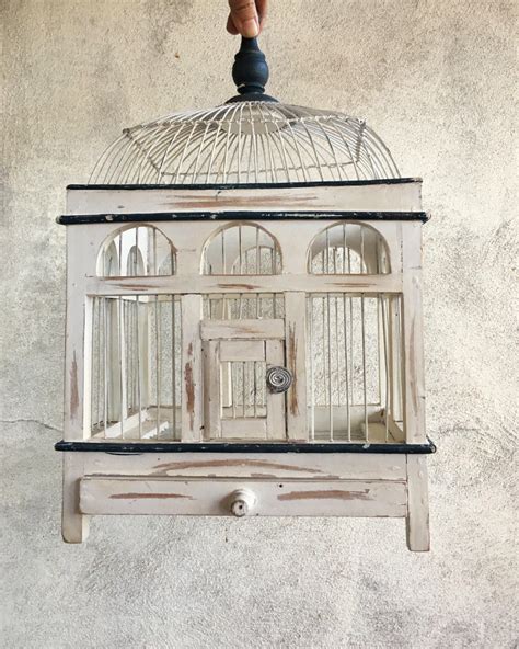Distressed French Country Vintage Bird Cage Wood Metal Decorative Bird