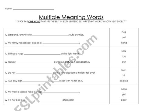 Word With Multiple Meanings Worksheets