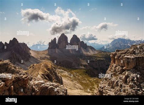 Panorama Of The Three Peaks Of Lavaredo Stock Photo Alamy