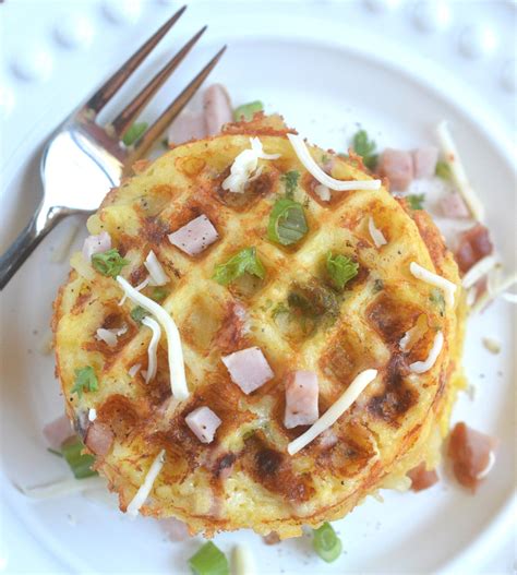 Coat the waffle iron with cooking spray, add ¾ cup of the potato mixture to each well and pat down. Ham & Cheese Hash Brown Waffles