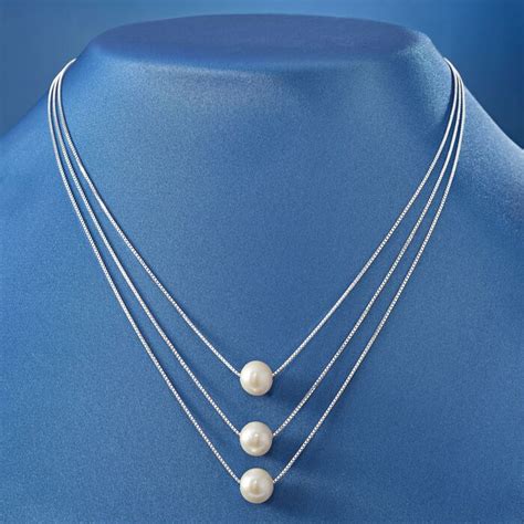 9 95mm Cultured Pearl Three Strand Layered Necklace In Sterling Silver