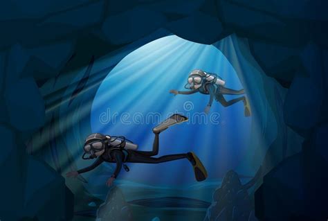 Diver Diving In Underwater Cave Stock Vector Illustration Of Cave