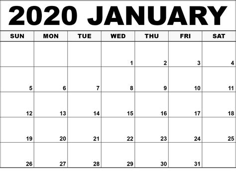 Blank Calendar January 2020 Printable Fillable Template Notes Blank Riset