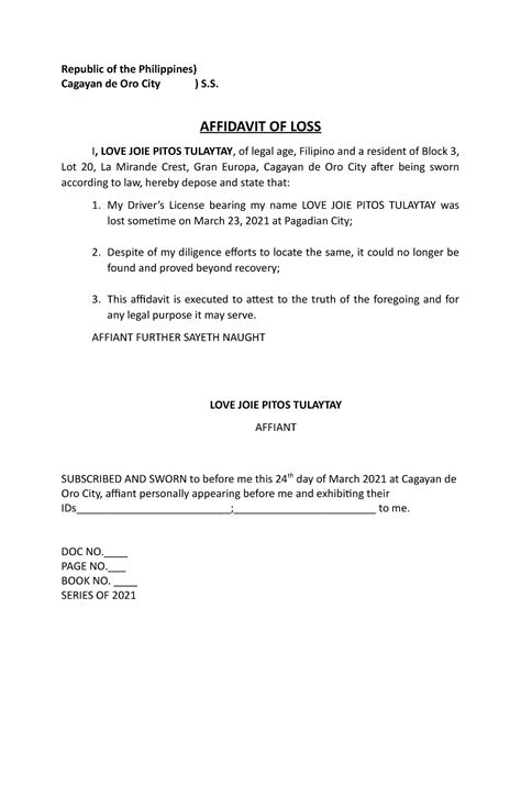 Affidavit OF LOSS Republic Of The Philippines Cagayan De Oro City S AFFIDAVIT OF LOSS I