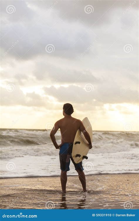 Surfer And Surfboard Sunset Sunrise Beach Stock Photo Image Of