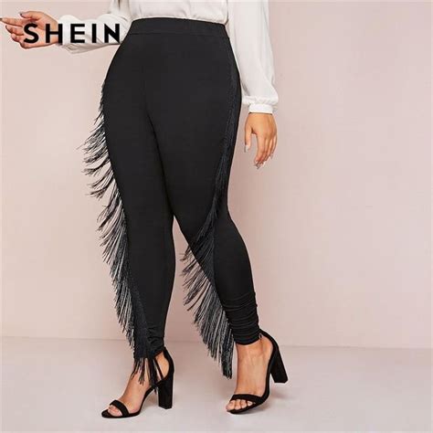 Plus Size Black Fringe Trim Skinny Leggings Women Autumn Plus Solid Lo