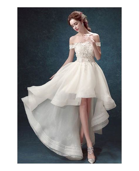 Off Shoulder High Low Wedding Dresses Tulle Ruffles Chic Style With Appliques Lace Tj016 149