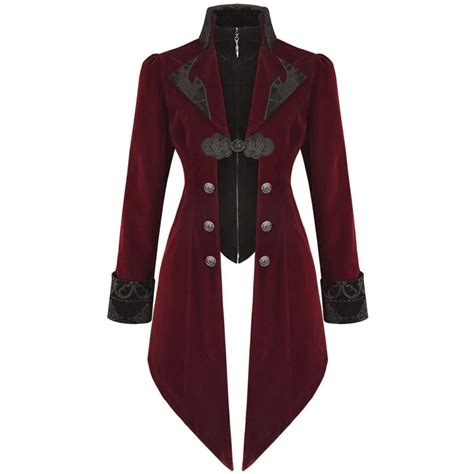Womens Steampunk Swallow Tail Coat Gothic Long Winter Burgundy Velvet Coat