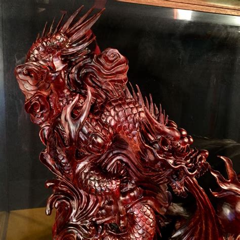 Hand Carved Chinese Wooden Dragon Sculpture With Display Case 28 L X