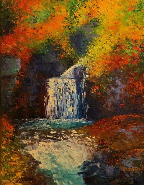 Landscape Waterfall In Spain11x14 Autumn Original Pallet Knife Oil