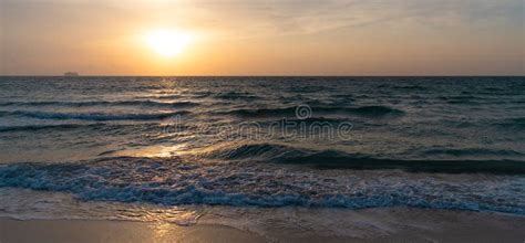 Sunrise In Ocean Or Sea At Miami Beach With Silhouette Of Ship On