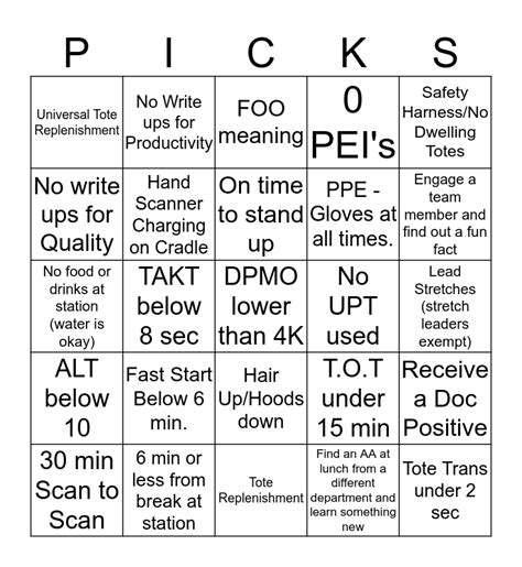 Picks Bingo Card