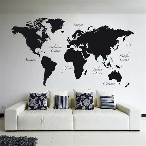 Sticker Mural Géant Black World Map Avec Noms Des Continents Et Des