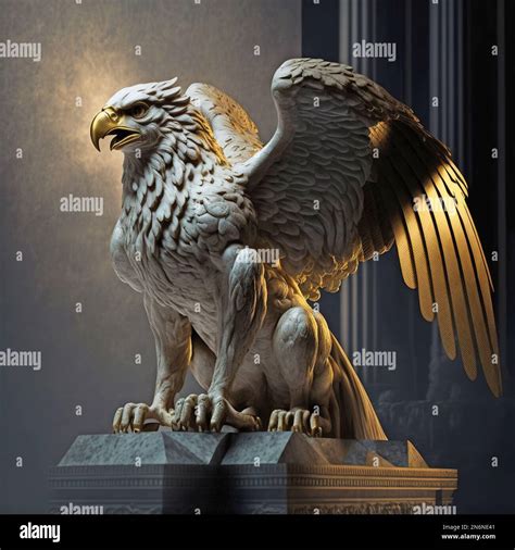 An Ai Generated Illustration Of The Sculpture Of A Gryphon Made Of White Marble And Golden