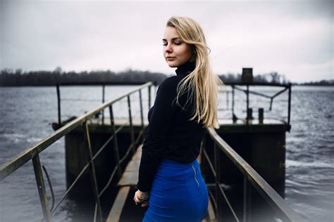 tanned skirt portrait depth of field women outdoors women blonde river hd wallpaper