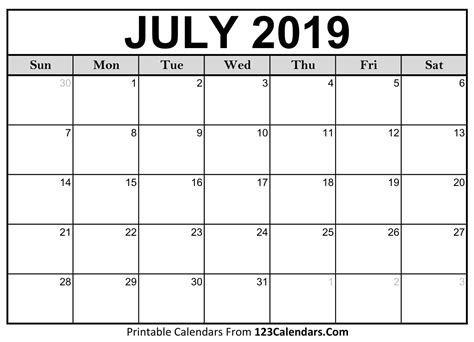 July 2019 Calendar Blank Easily Printable 123calendars
