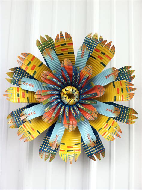 Metal wall decors made of tin metal. Colorful Large Handmade Tin Can Flower Art Wall by HangTinFlowers