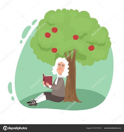 Científico Sonriente Newton Leyendo Libro Bajo La Manzana Del árbol