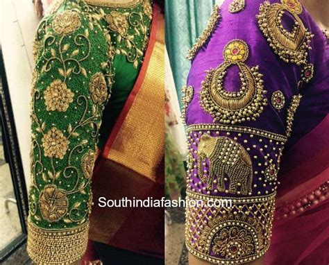Elbow Sleeves Embroidery Blouse Designs For Kanchipuram Silk Sarees