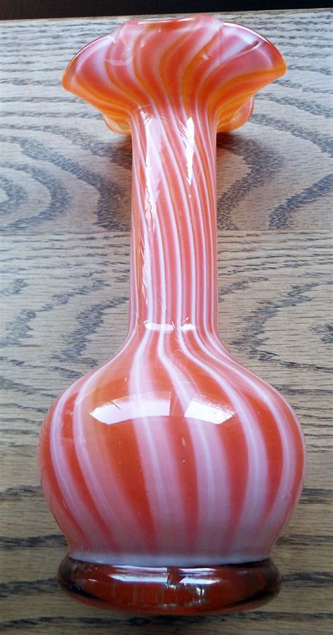 Beautiful Vintage Hand Blown Art Glass Vase Orange And Milky Striped