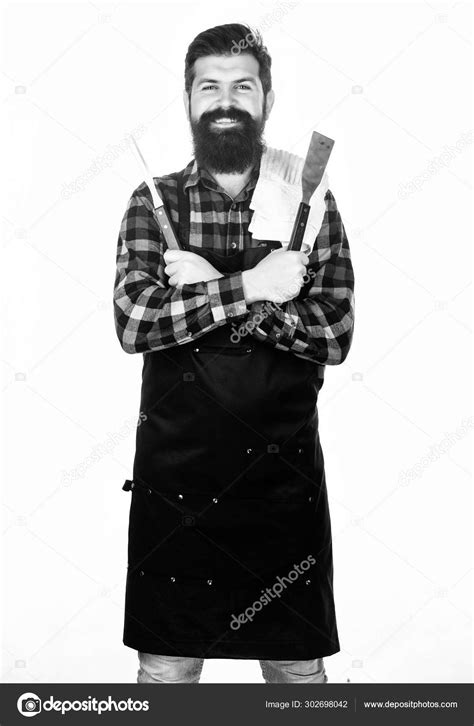 Using A Barbecue Set Confident Grill Cook Bearded Man Holding Grill Gripper Tools Hipster In