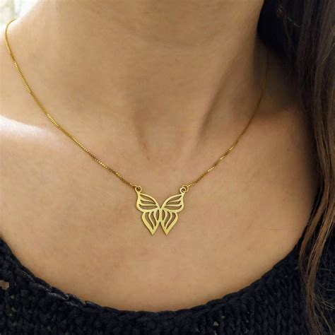 K Real Solid Gold Butterfly Pendant Butterfly Necklace Etsy