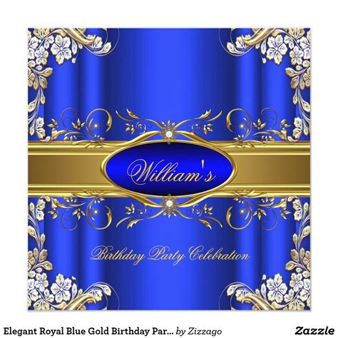 Elegant Royal Blue Gold Birthday Party Floral 4 Invitation