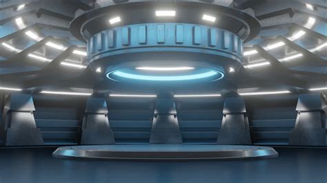 Empty Light Blue Studio Room Futuristic Sci Fi Big Hall Room With