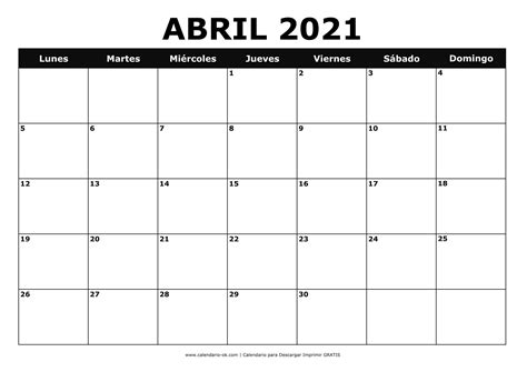 Plantilla Calendario 【abril 2021】 Para Imprimir Pdf