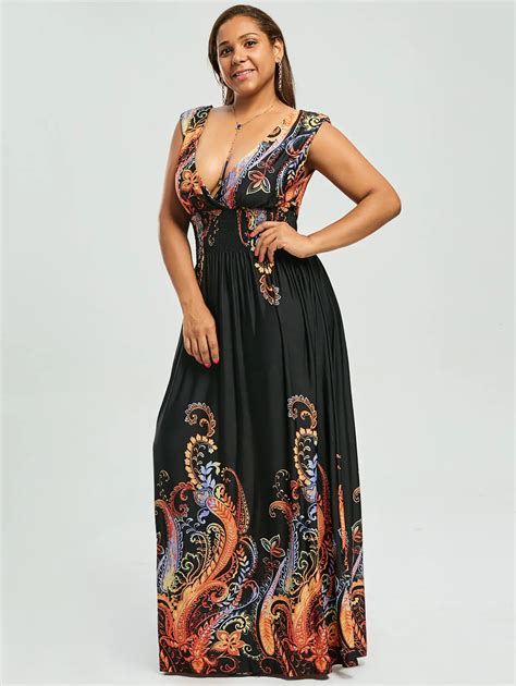 Gamiss Paisley Plus Size Plunge V Neck Maxi Bohemian Dress Long Boho Dress Summer Bohemian Dress
