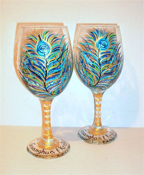 Peacock Feathers Hand Painted Wine Glasses Set 2 20 Oz Etsy