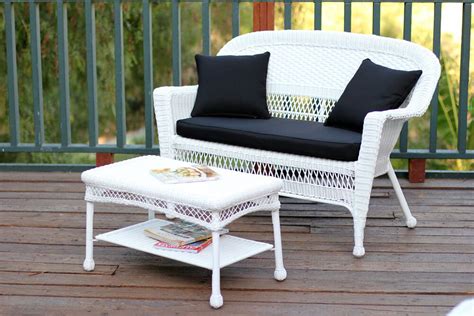 2 Piece Aurora White Resin Wicker Patio Loveseat And Coffee Table Furniture Set Black Cushion