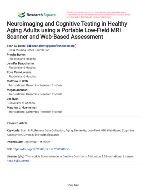 Pdf Neuroimaging And Cognitive Testing In Healthy Aging Adults Using