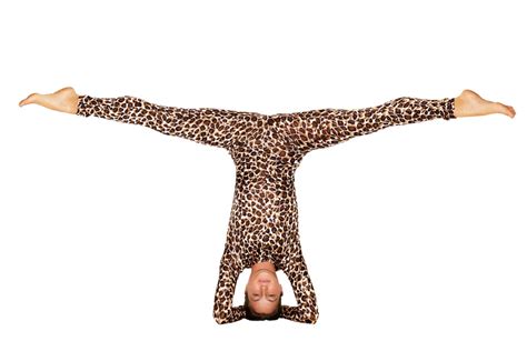 A Woman In A Leopard Print Unitard Does A Headstand With Her Legs