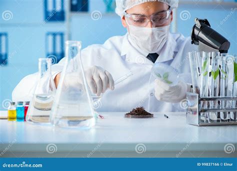 The Male Scientist Researcher Doing Experiment In A Laboratory Stock