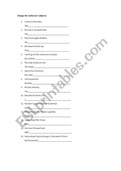Change The Sentences Present Simple Third Person Esl Worksheet By