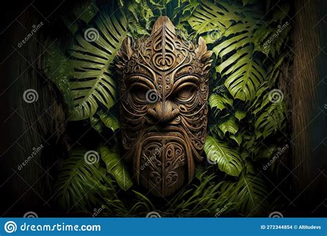 Hawaiiaanse Idols En Totems Tiki Mask Gemaakt Van Hout Dat Verborgen Zit In Bosjes Stock