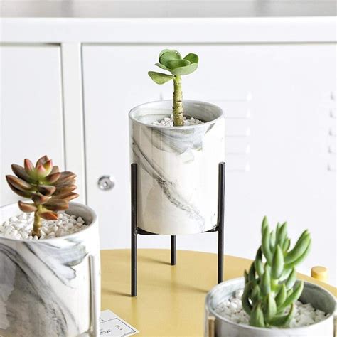 White Marble Ceramic Round Plant Stand With Geometric Iron Rack Stand