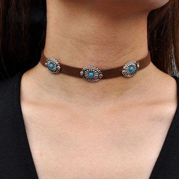 Concho Choker With Turquoise Centers On Vegan Tan Suede Necklace Boho