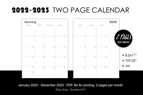 Two Page Calendar 2022 2023 Printable Monthly Planner Etsy In 2021 Planner Calendar
