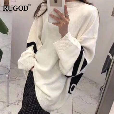 Rugod Fashion Long Women Sweater Long Sleeve Letter Pullovers O Neck Knitted Women Tops Warm