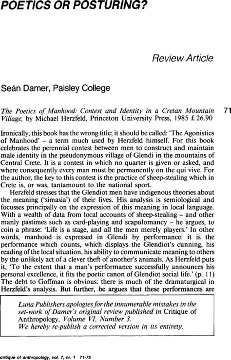 review article poetics or posturing the poetics of manhood contest and identity in a cretan