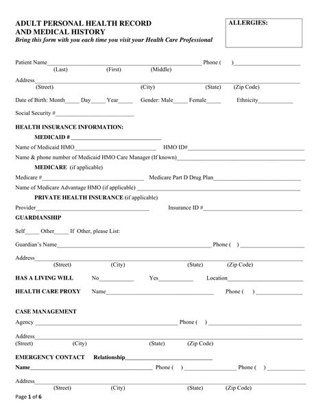 Personal Health Record Form Free Printable Printable Forms Free Online