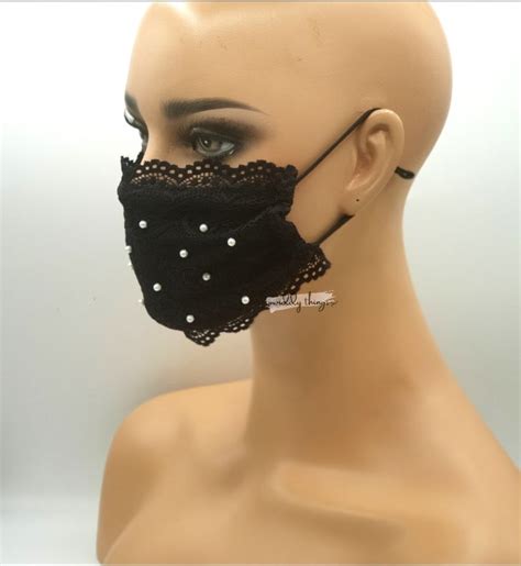 Lace Face Mask With Pearls Double Layer Mask Adjustable Etsy Lace