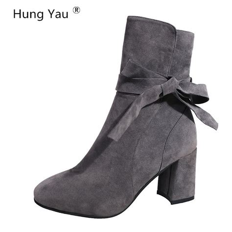 Hung Yau Ankle Boots Women Heels For Autumn Winter Fashion Pointed Toe Shoes Square Heel Zipper