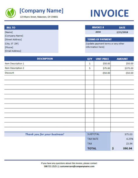 Simple Excel Blue Invoice Template Auto Calculate Total Etsy Uk