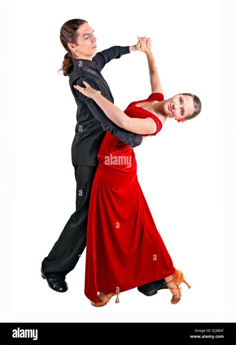 Young Couple Dancing Waltz Isolated Over White Background Stock Photo