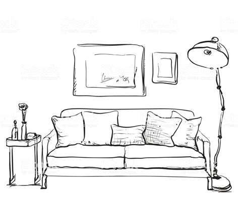 Hand Drawn Sketch Of Living Room Interior With A Sofa Pillows And